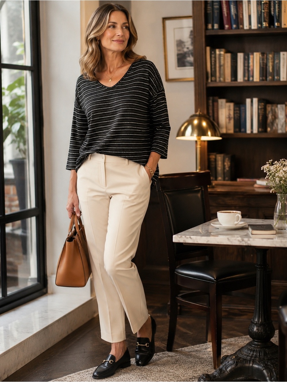 T by Talbots L Black Dotted Stripe 3/4 Sleeve Relaxed Top